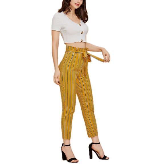 Topshop Striped Paper Bag Pants Mustard Black Womens Size US 8 - Picture 2 of 9
